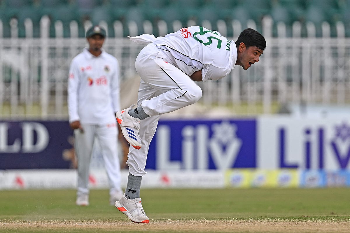 Bangladesh's Nahid Rana bowls during the fourth day of the second and last Test cricket match between Pakistan and Bangladesh, at the Rawalpindi Cricket Stadium in Rawalpindi on 2 September, 2024.